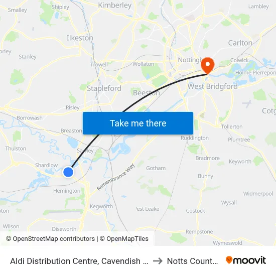Aldi Distribution Centre, Cavendish Bridge to Notts County FC map