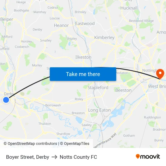 Boyer Street, Derby to Notts County FC map
