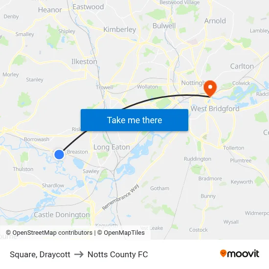 Square, Draycott to Notts County FC map