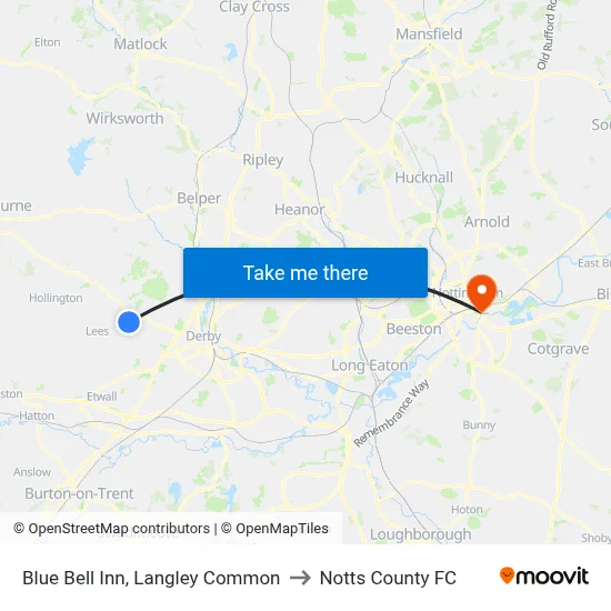 Blue Bell Inn, Langley Common to Notts County FC map