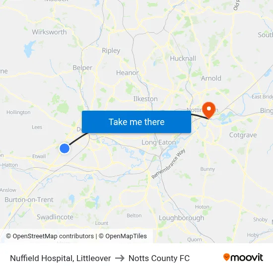 Nuffield Hospital, Littleover to Notts County FC map