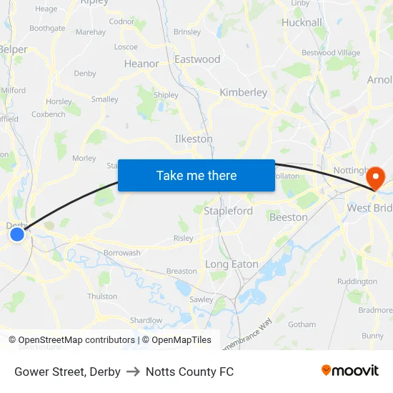 Gower Street, Derby to Notts County FC map