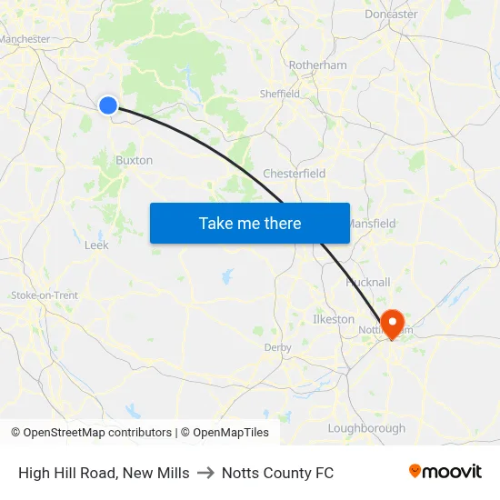 High Hill Road, New Mills to Notts County FC map