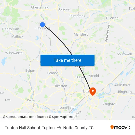 Tupton Hall School, Tupton to Notts County FC map