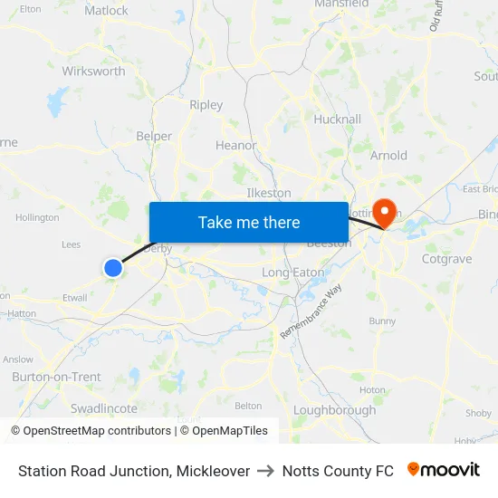 Station Road Junction, Mickleover to Notts County FC map