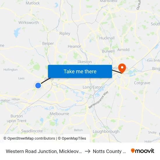 Western Road Junction, Mickleover to Notts County FC map