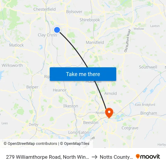 279 Williamthorpe Road, North Wingfield to Notts County FC map