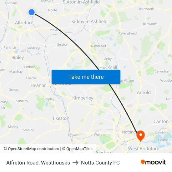 Alfreton Road, Westhouses to Notts County FC map