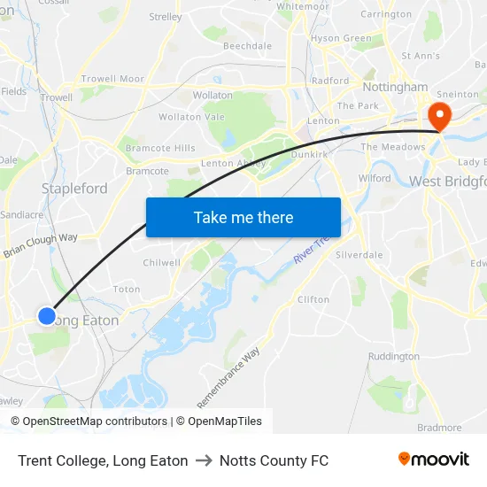 Trent College, Long Eaton to Notts County FC map