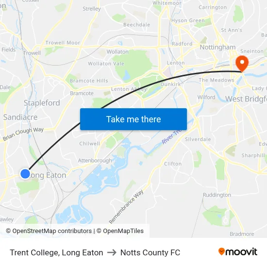 Trent College, Long Eaton to Notts County FC map