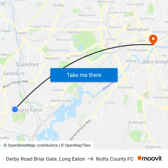 Derby Road Briar Gate, Long Eaton to Notts County FC map