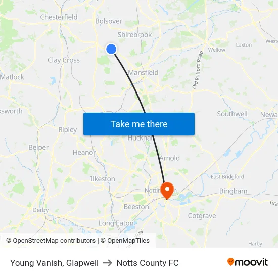 Young Vanish, Glapwell to Notts County FC map