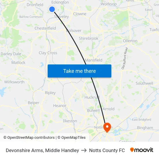 Devonshire Arms, Middle Handley to Notts County FC map