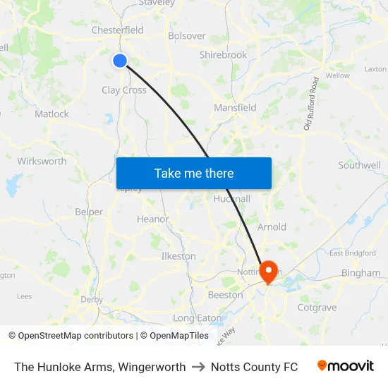 The Hunloke Arms, Wingerworth to Notts County FC map