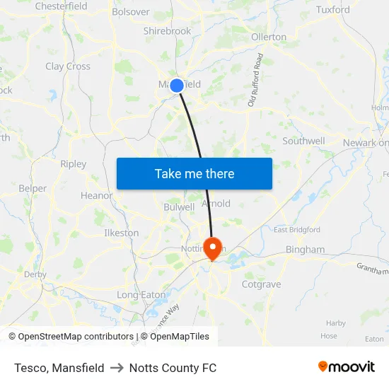 Tesco, Mansfield to Notts County FC map