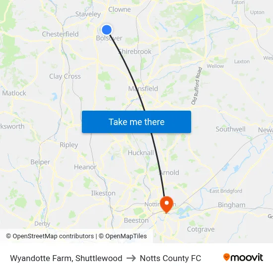 Wyandotte Farm, Shuttlewood to Notts County FC map