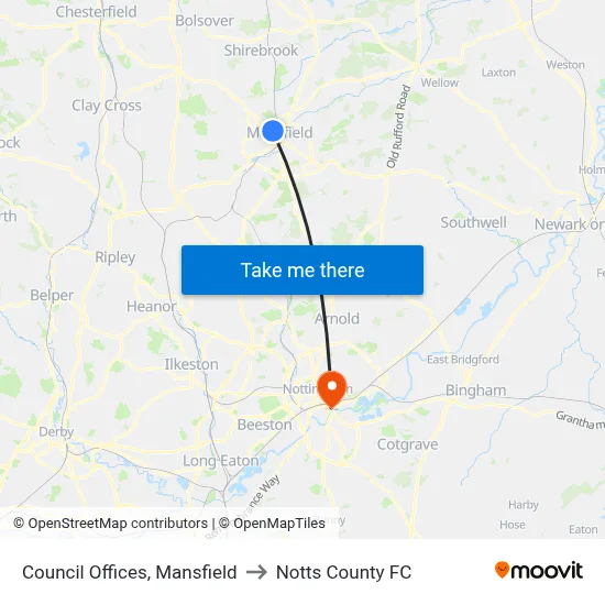Council Offices, Mansfield to Notts County FC map