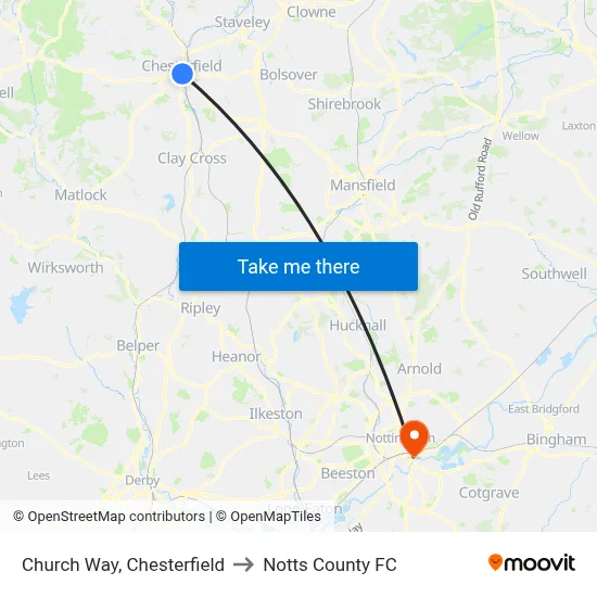 Church Way, Chesterfield to Notts County FC map