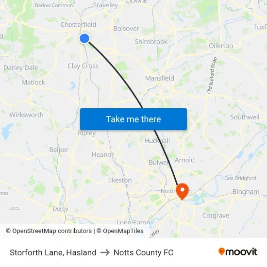 Storforth Lane, Hasland to Notts County FC map