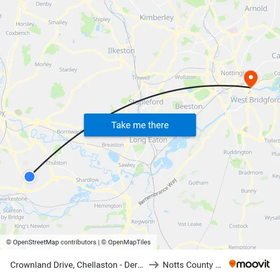 Crownland Drive, Chellaston - Derby to Notts County FC map