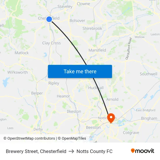 Brewery Street, Chesterfield to Notts County FC map