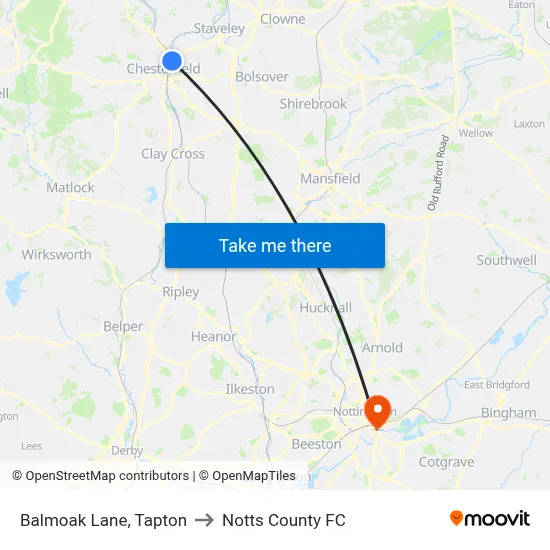 Balmoak Lane, Tapton to Notts County FC map