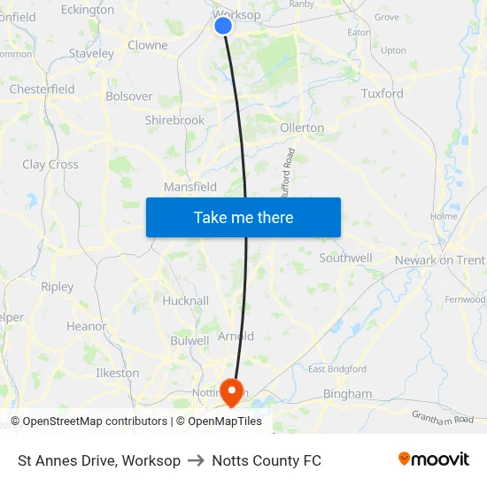 St Annes Drive, Worksop to Notts County FC map