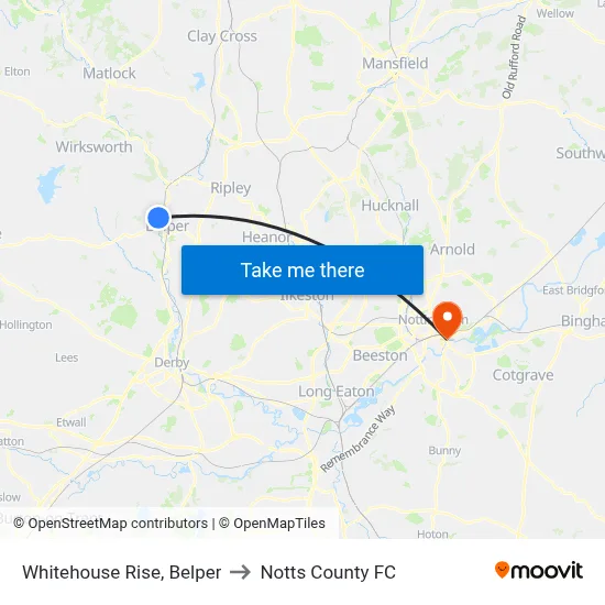 Whitehouse Rise, Belper to Notts County FC map