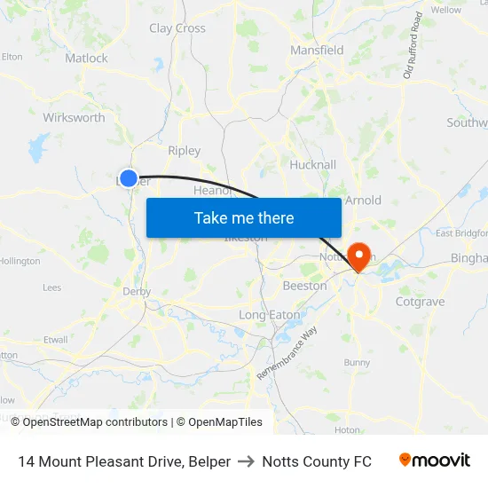 14 Mount Pleasant Drive, Belper to Notts County FC map