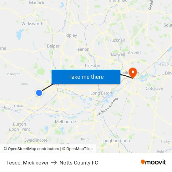 Tesco, Mickleover to Notts County FC map