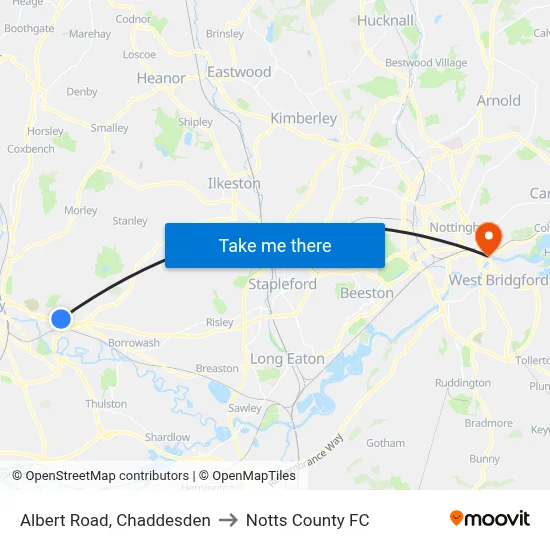 Albert Road, Chaddesden to Notts County FC map