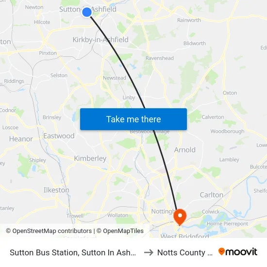 Sutton Bus Station, Sutton In Ashfield to Notts County FC map