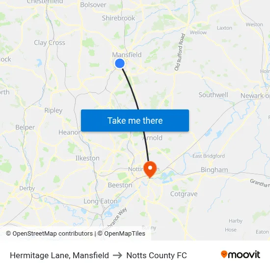 Hermitage Lane, Mansfield to Notts County FC map