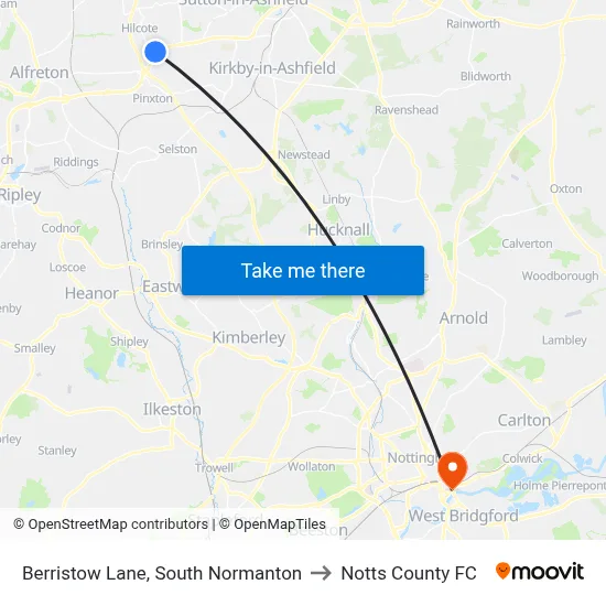 Berristow Lane, South Normanton to Notts County FC map