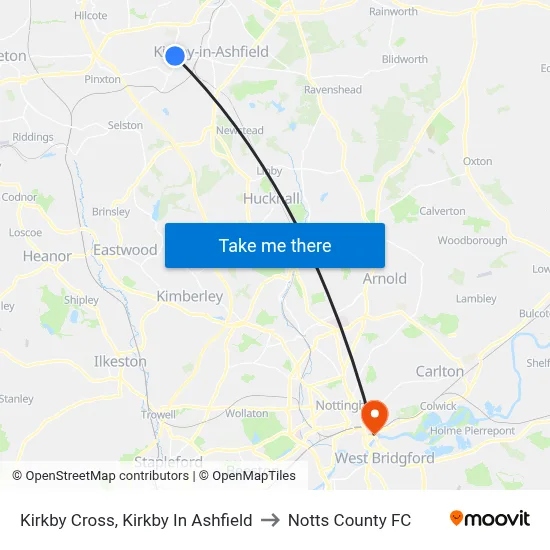 Kirkby Cross, Kirkby In Ashfield to Notts County FC map