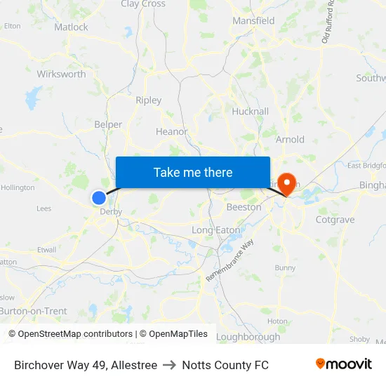 Birchover Way 49, Allestree to Notts County FC map