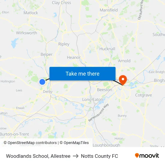 Woodlands School, Allestree to Notts County FC map