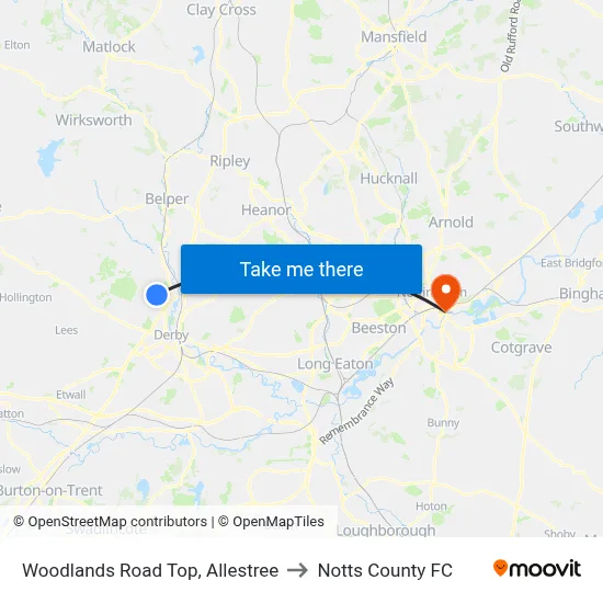 Woodlands Road Top, Allestree to Notts County FC map