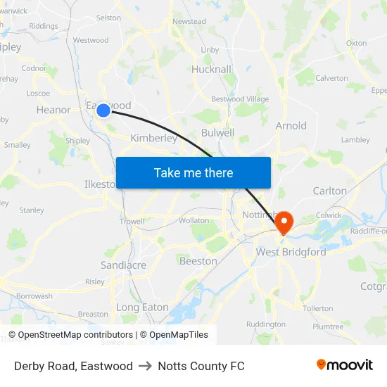 Derby Road, Eastwood to Notts County FC map