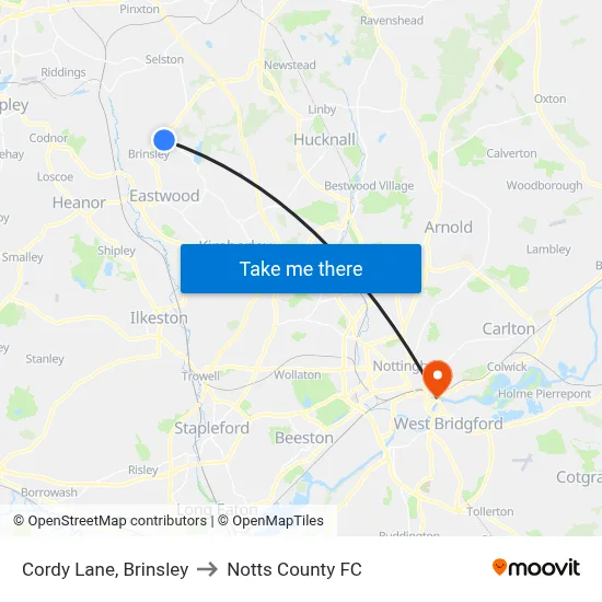 Cordy Lane, Brinsley to Notts County FC map