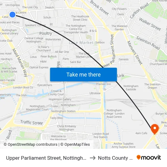 Upper Parliament Street, Nottingham to Notts County FC map