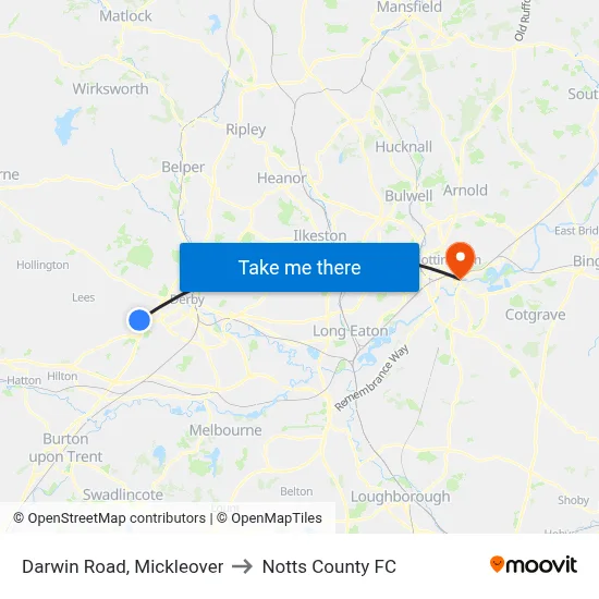 Darwin Road, Mickleover to Notts County FC map