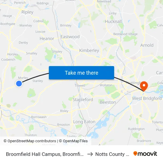 Broomfield Hall Campus, Broomfield to Notts County FC map