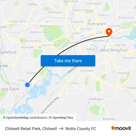 Chilwell Retail Park, Chilwell to Notts County FC map