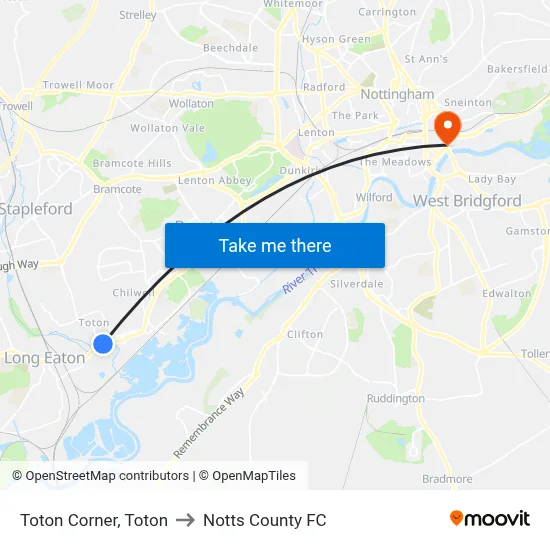 Toton Corner, Toton to Notts County FC map