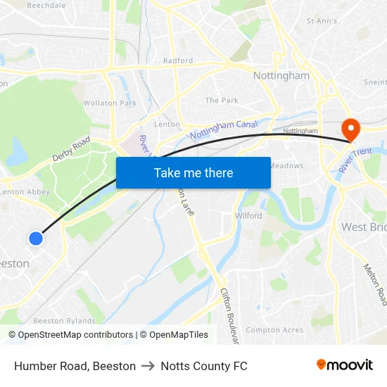 Humber Road, Beeston to Notts County FC map