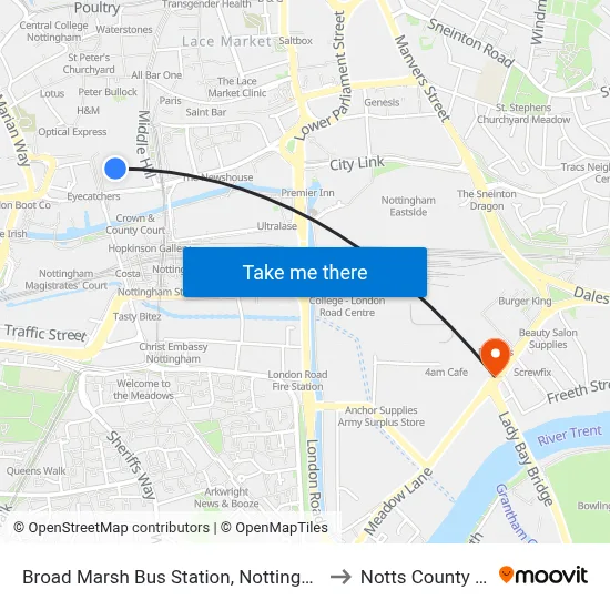Broad Marsh Bus Station, Nottingham to Notts County FC map
