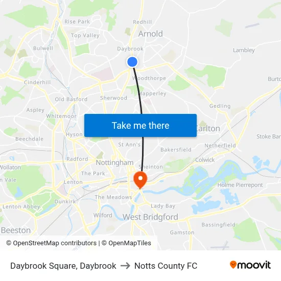 Daybrook Square, Daybrook to Notts County FC map