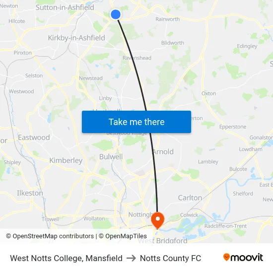 West Notts College, Mansfield to Notts County FC map