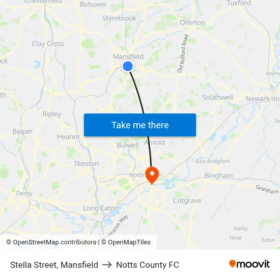 Stella Street, Mansfield to Notts County FC map